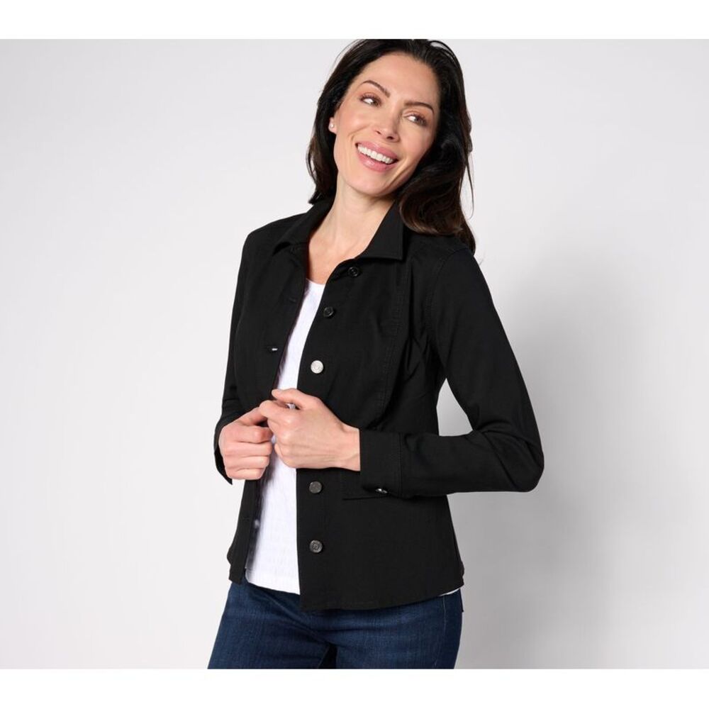 Susan Graver Women's Plus Sz Jacket 2X Uptown Button Front Peplum Black A630842
